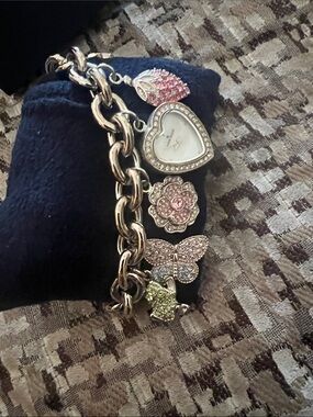 Pink and Gold Heart Charm Bracelet Watch with Crystal Accents